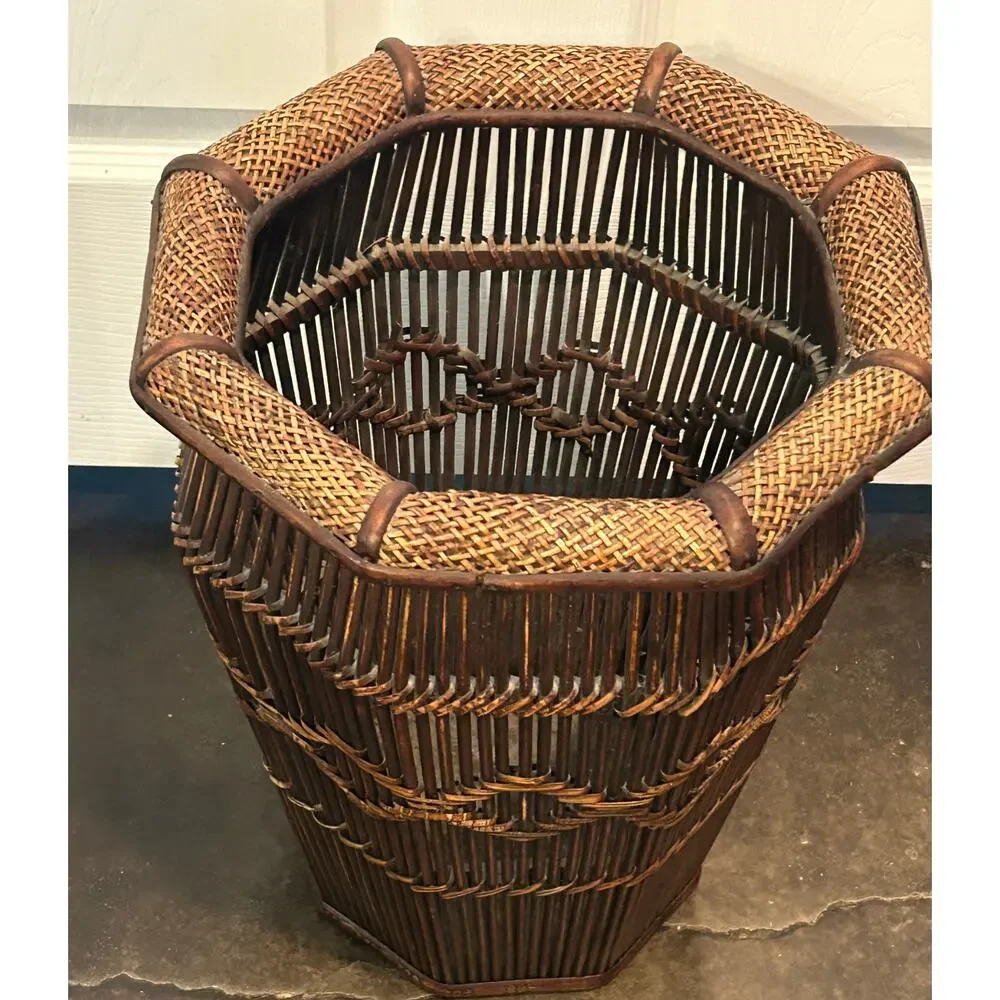 Vintage MCM Bamboo Rattan Umbrella Stand Boho Wicker Floor Basket Vase Planter